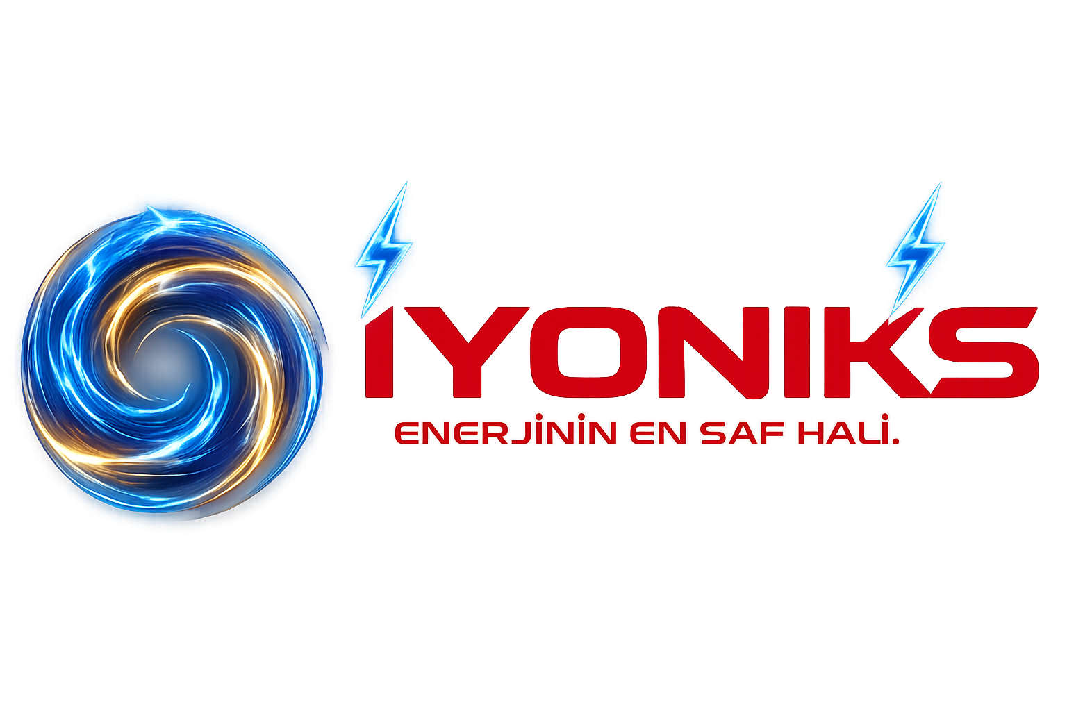 Digital graphic with a swirling electric blue and gold vortex on the left and text in Turkish on the right that reads 'IYONIKS' in large red letters with two blue lightning bolts above, and a phrase in Turkish beneath that says 'ENERJİNİN EN SAF HALİ.'