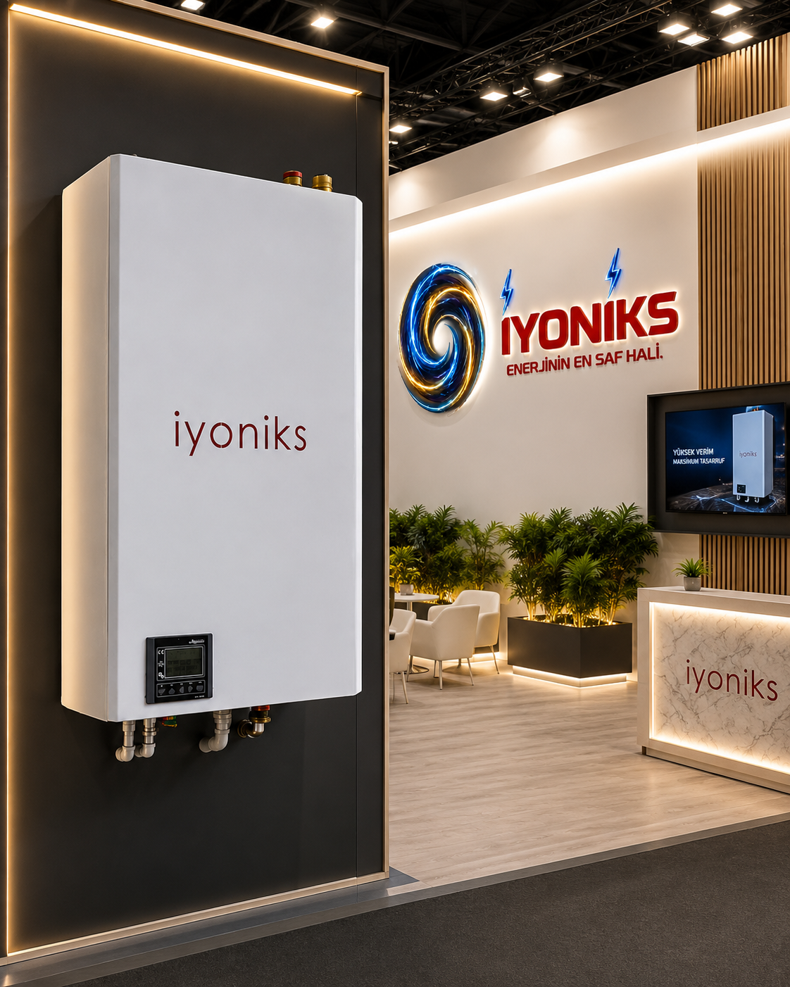 Booth showcasing Iyoniks energy-saving heater with modern interior design, illuminated sign, and indoor plants.