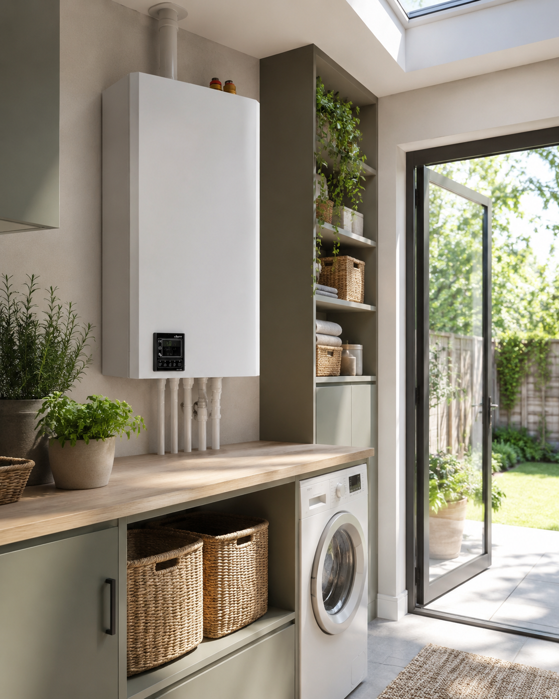 Laundry room with a washing machine, potted plants, shelves with baskets and towels, a wall-mounted heating unit, and an open door leading to a garden with trees.