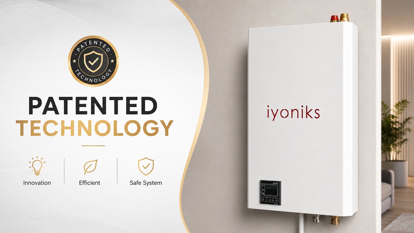 A white wall-mounted device with the word 'iyoniks' in red letters, featuring a digital display panel at the bottom. The background has a modern interior with plants and vertical blinds.