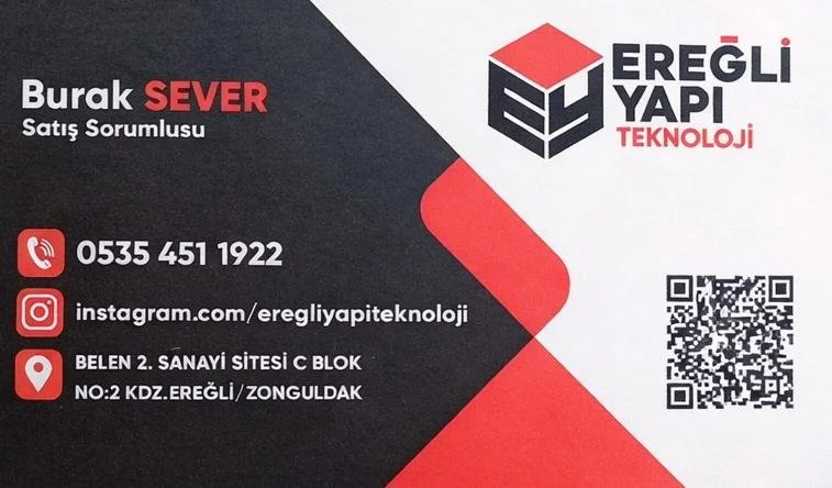 Business card for Ereğli Yapı Teknoloji featuring contact info, social media, and a QR code.