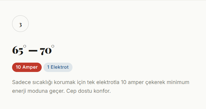 A diagram showing a temperature range from 65 to 70 degrees with a setting of 10 Amper and 1 Elektrot, with instructions in Turkish about using 10 amper to maintain minimum energy mode for comfortable, phone-friendly cooling.