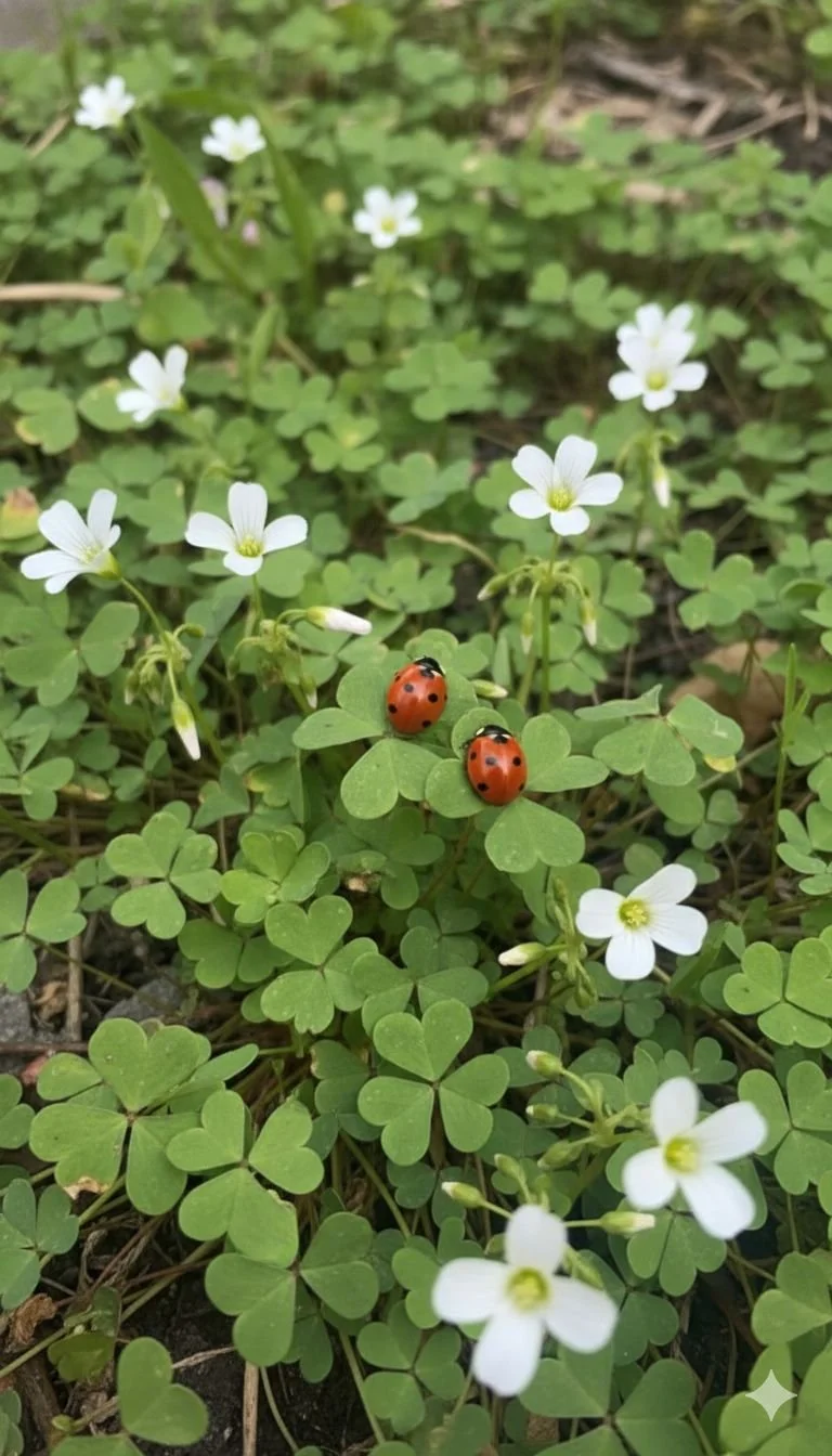 Two red ladybugs with black spots on green ground cover plants with small white flowers.