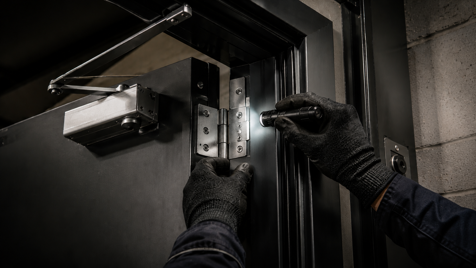 A person wearing black gloves uses a flashlight to examine a metal hinge on a black door in a dimly lit area.