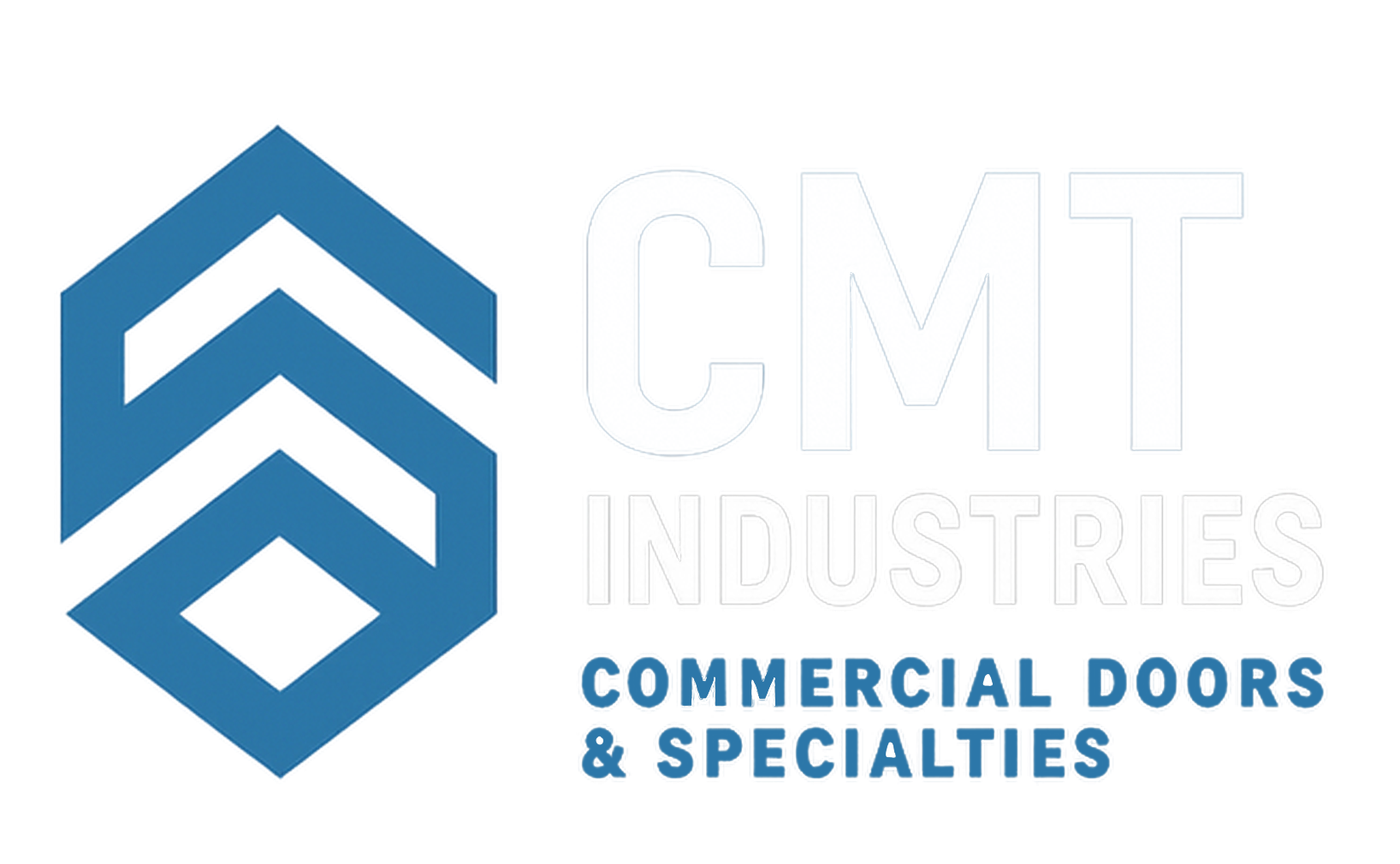Logo for CMT Industries featuring a blue geometric design, the company name in large white letters, and text indicating specialization in commercial doors and specialties.