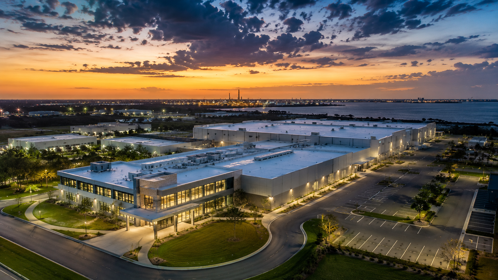 Aerial view of a modern industrial or commercial building with large parking lot, situated by a body of water during sunset with clouds and city lights in the background.