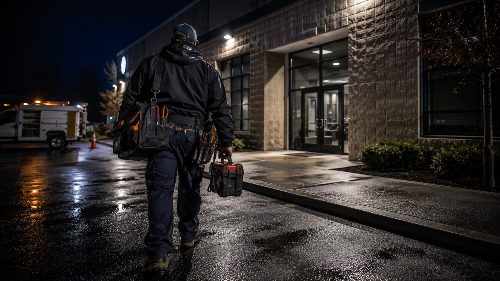A repair technician walking into a building at night carrying a toolbox and wearing a tool belt, with wet pavement reflecting lights surrounding the area.