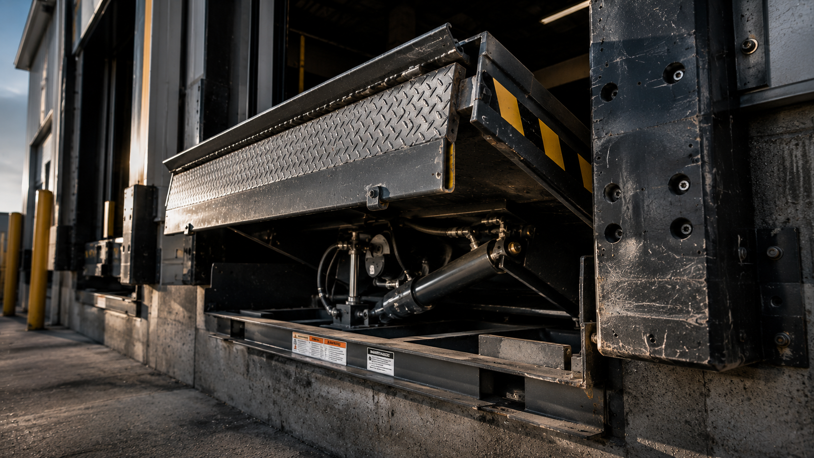 Close-up of a hydraulic lift gate on a commercial delivery truck, showing hydraulic components and metal platform, with yellow safety markings.