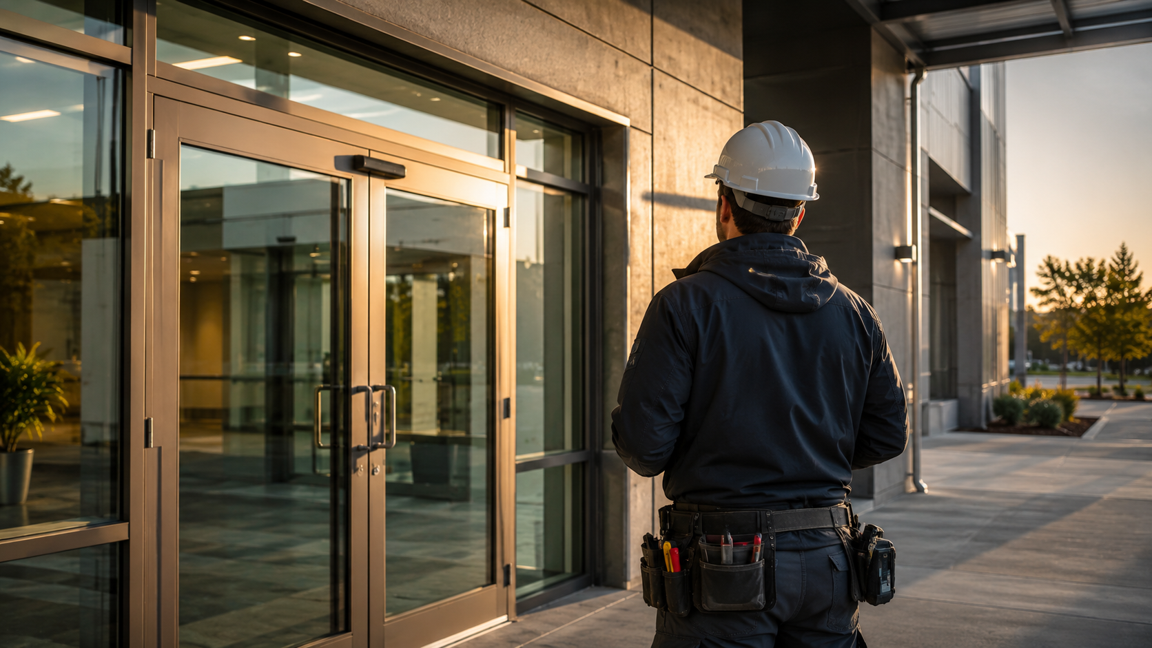 A security guard in a dark uniform and white helmet stands outside a building during sunset, facing away from the camera.