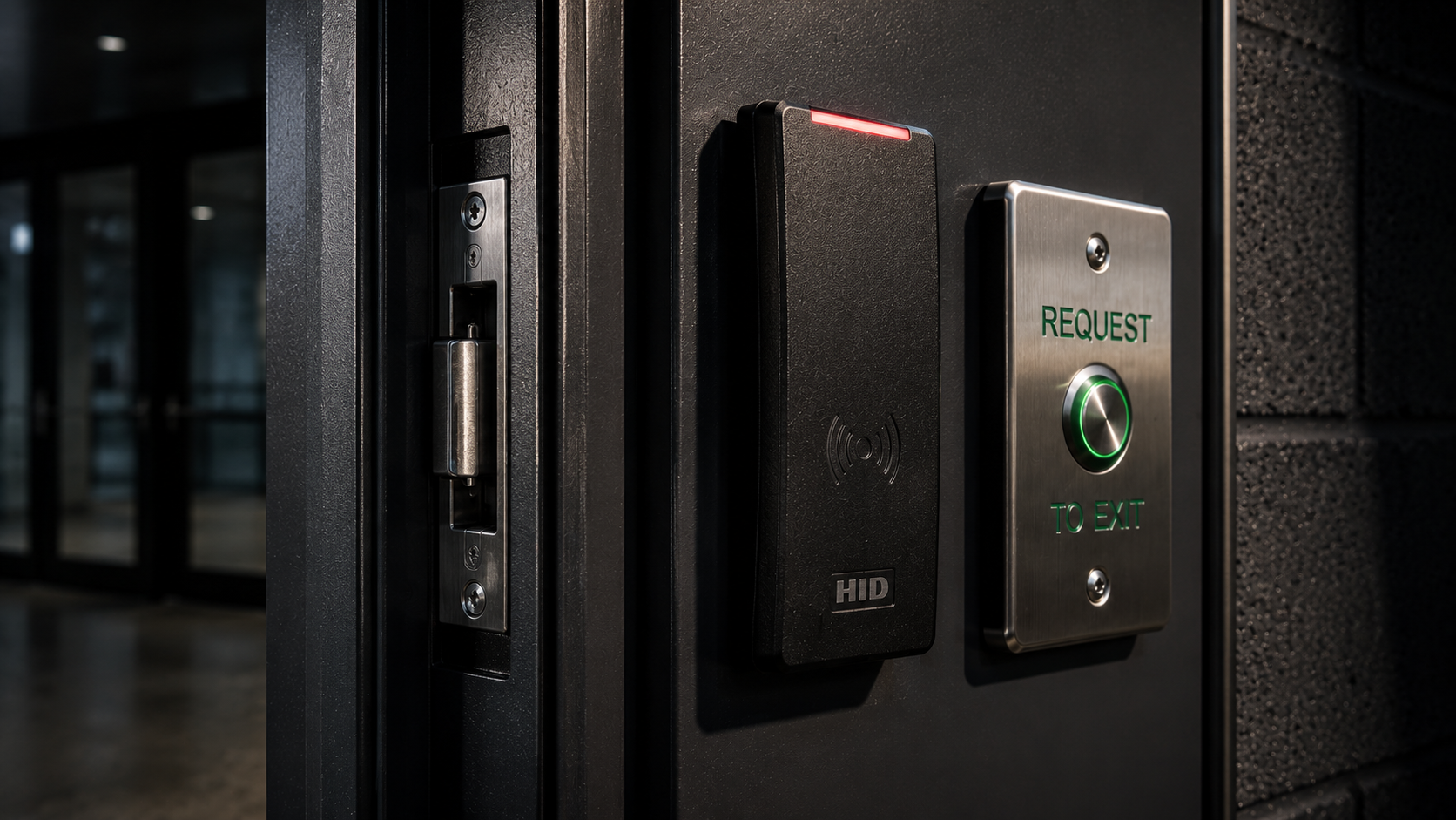 Security access panel with request to exit button, RFID scanner, and sensor on a black door.