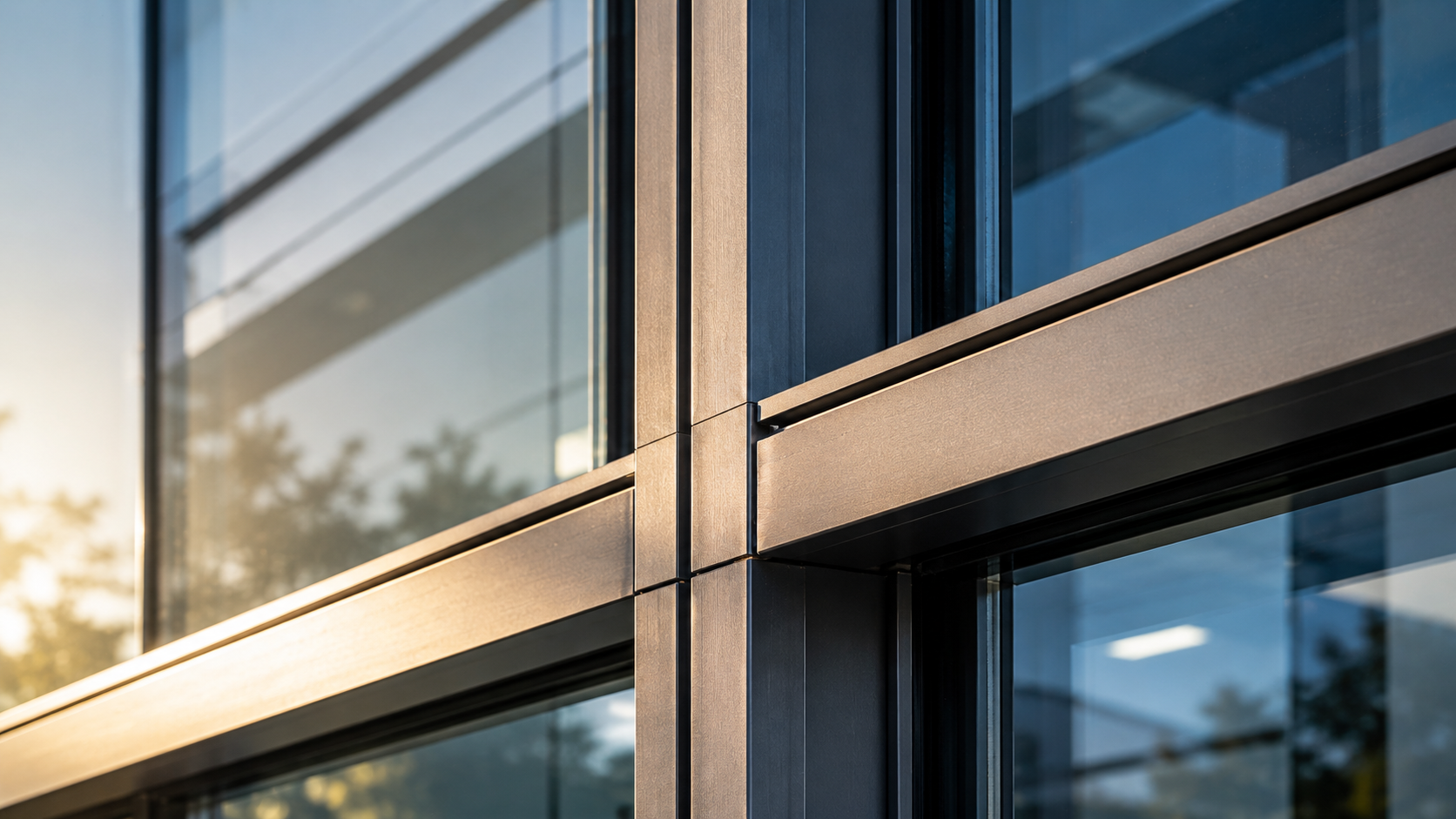 Close-up of modern glass building corner with metal framing during sunset.