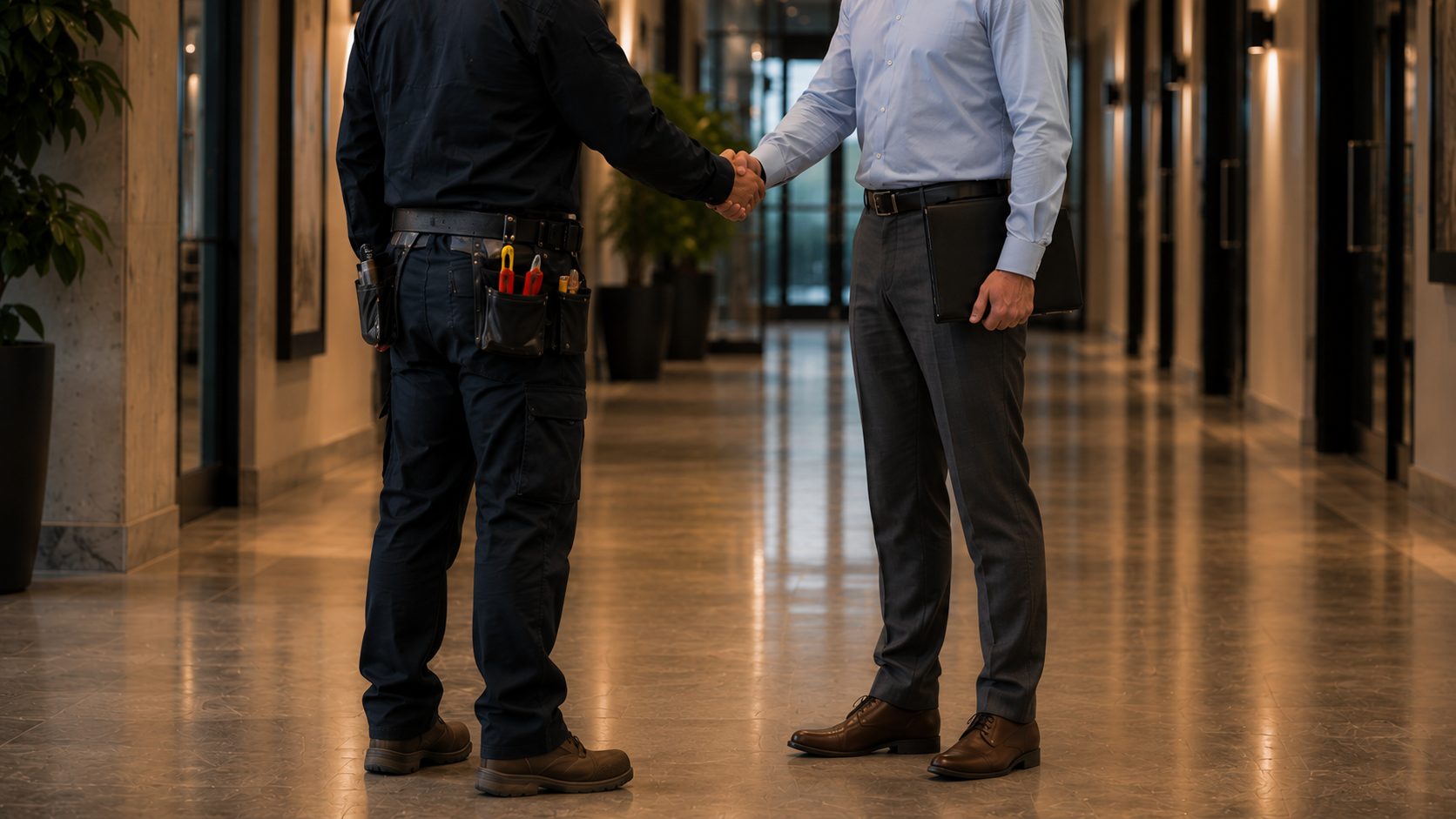 Two men shaking hands in a modern office building corridor, one dressed as a maintenance worker with tools, the other in business attire holding a black folder.