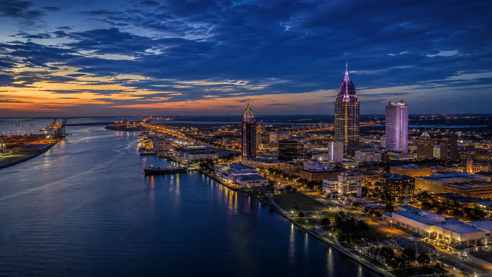 Nighttime aerial view of a city skyline with illuminated skyscrapers and buildings along a winding river, under a partly cloudy sky with the last light of sunset.