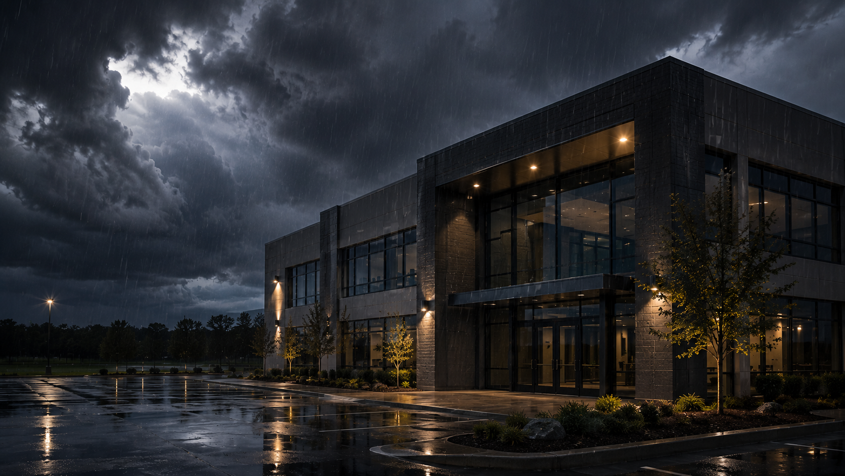 A modern office building at night with exterior lights on, rain reflecting on the wet parking lot, and storm clouds in the sky.