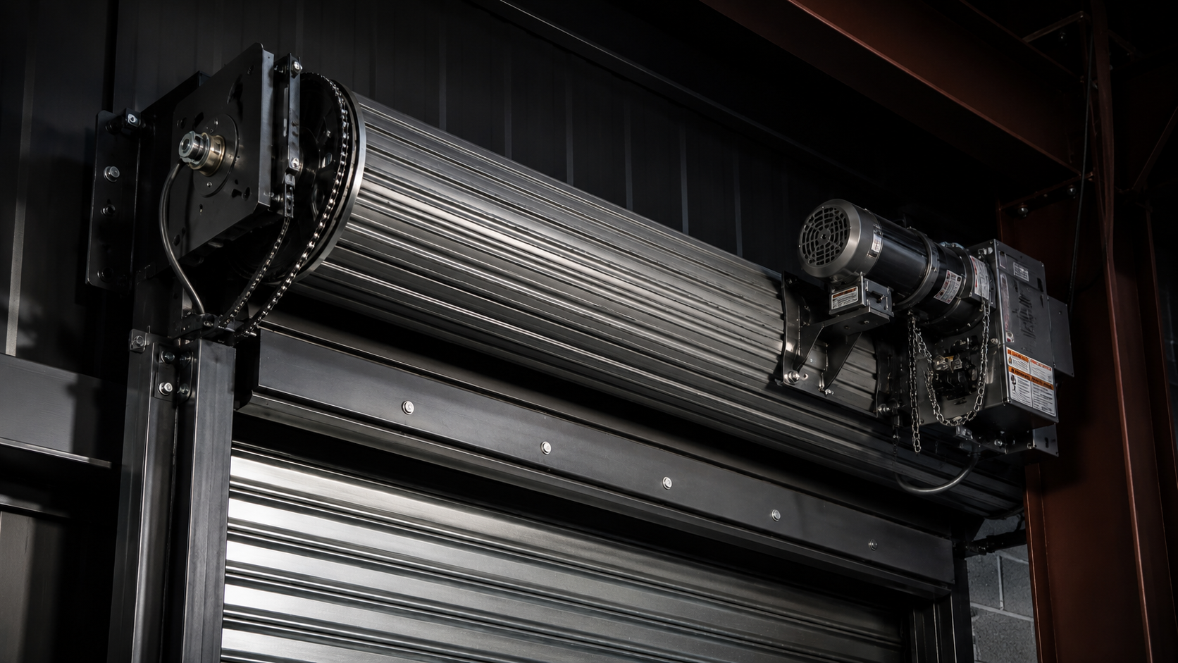 Industrial garage door mechanism with metal rollers, motor, and chain components.