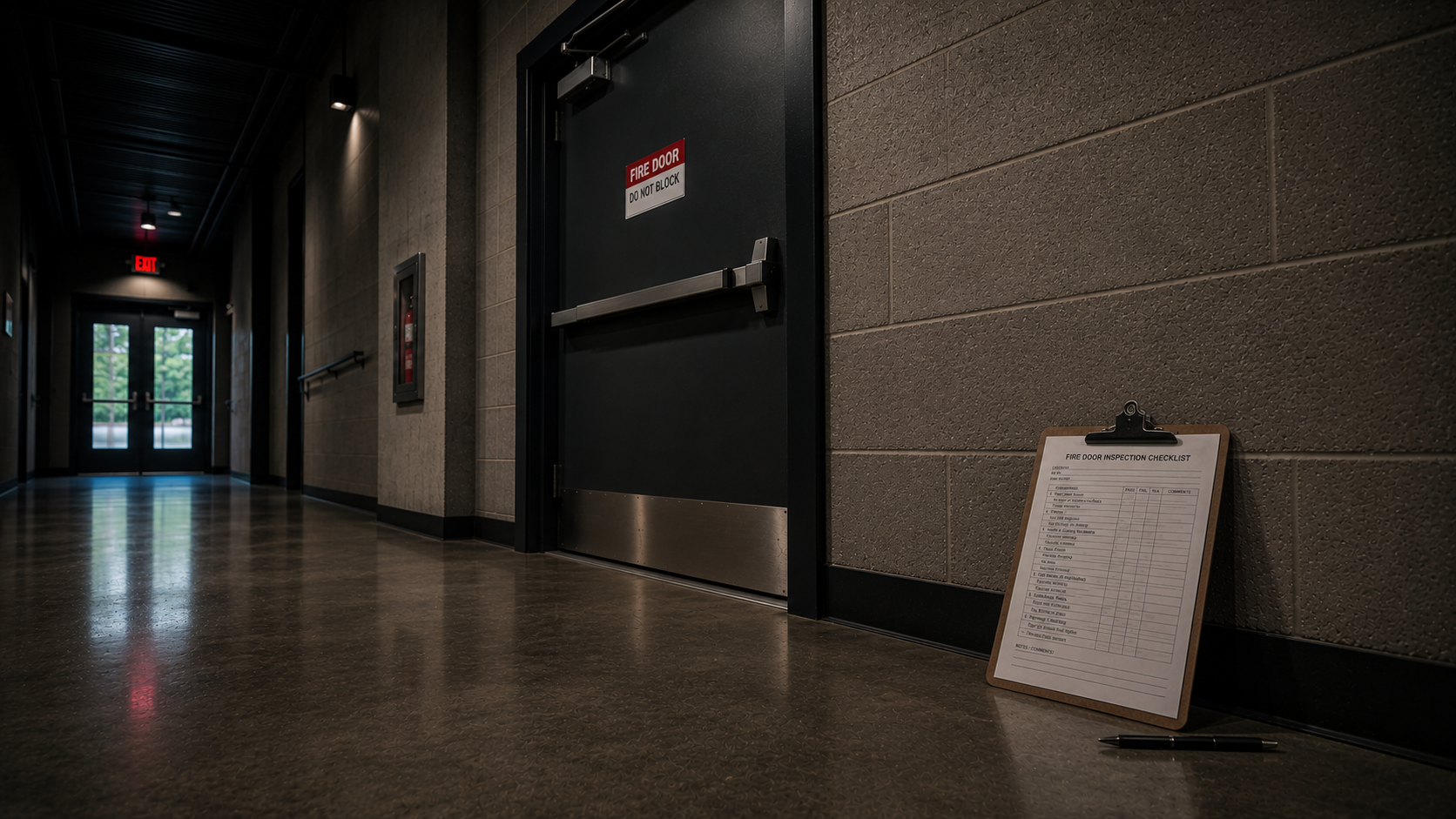 A hallway with a fire door labeled 'Fire Door Do Not Block' and a fire safety checklist on a clipboard leaning against the wall.