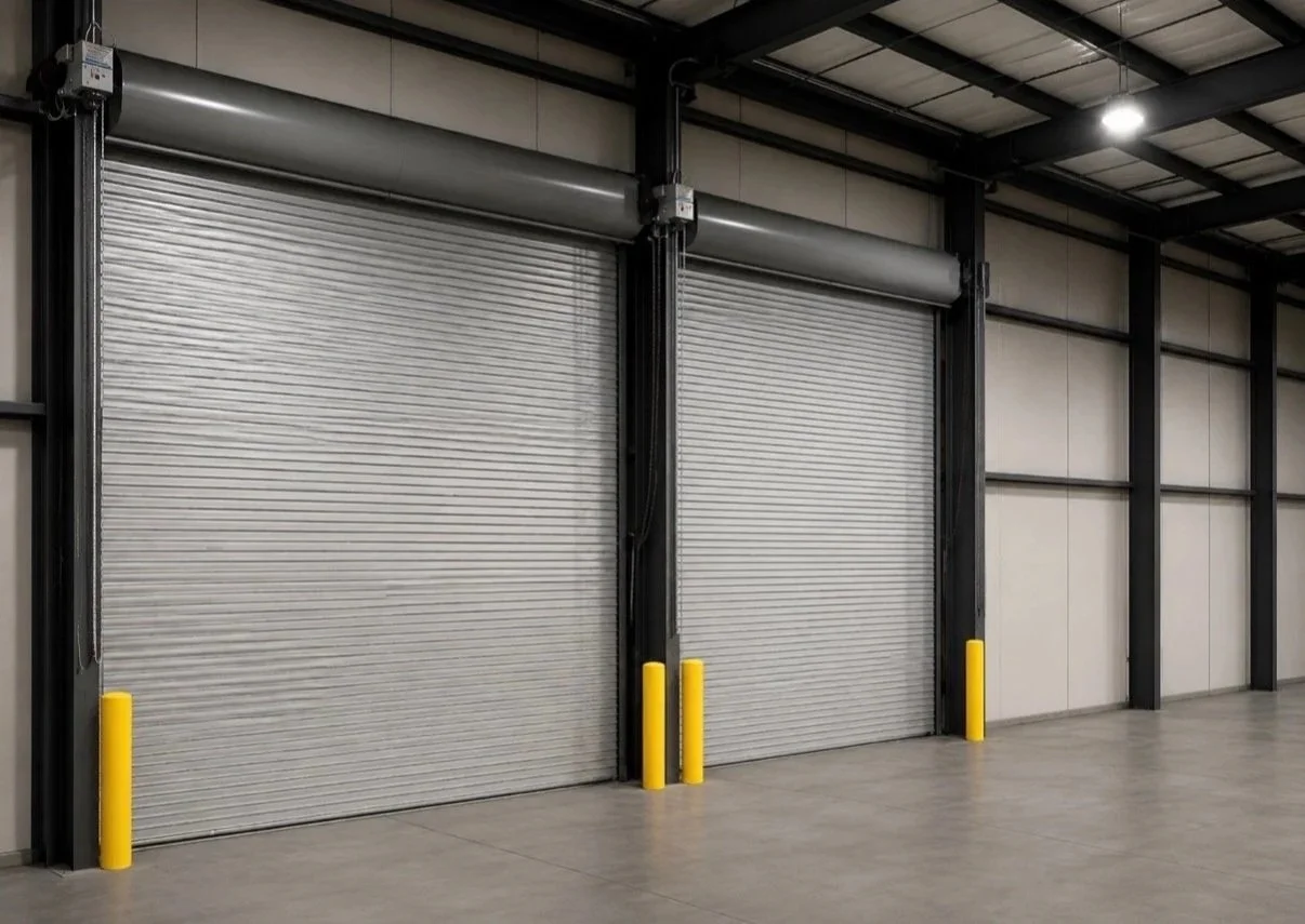Two large metal rolling warehouse doors with black frames and yellow safety bollards in front, inside a spacious industrial building with a high ceiling.