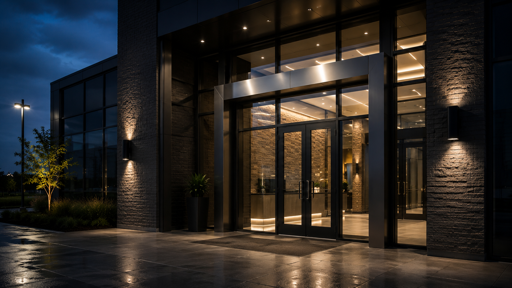 Night view of a modern building's entrance with glass doors, black brick walls, and exterior lighting highlighting architectural features. Potted plants and a tree are visible outside.
