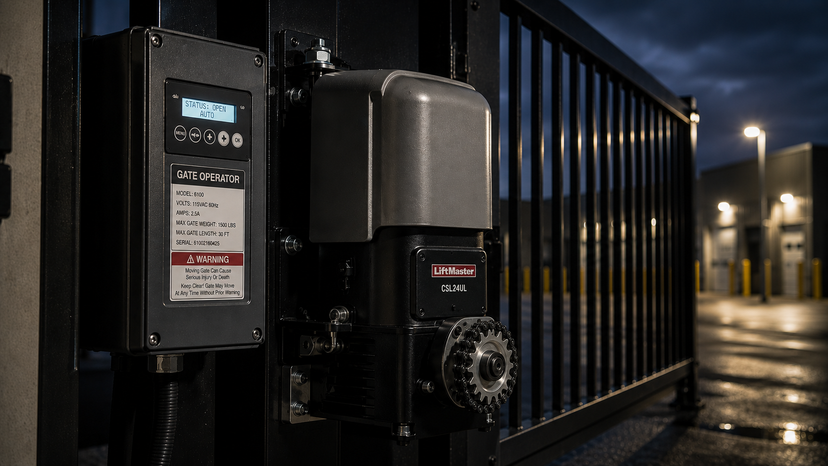 Close-up of an automated gate operator system at night, with a black gate, control box, and motor visible, illuminated by nearby outdoor lights.