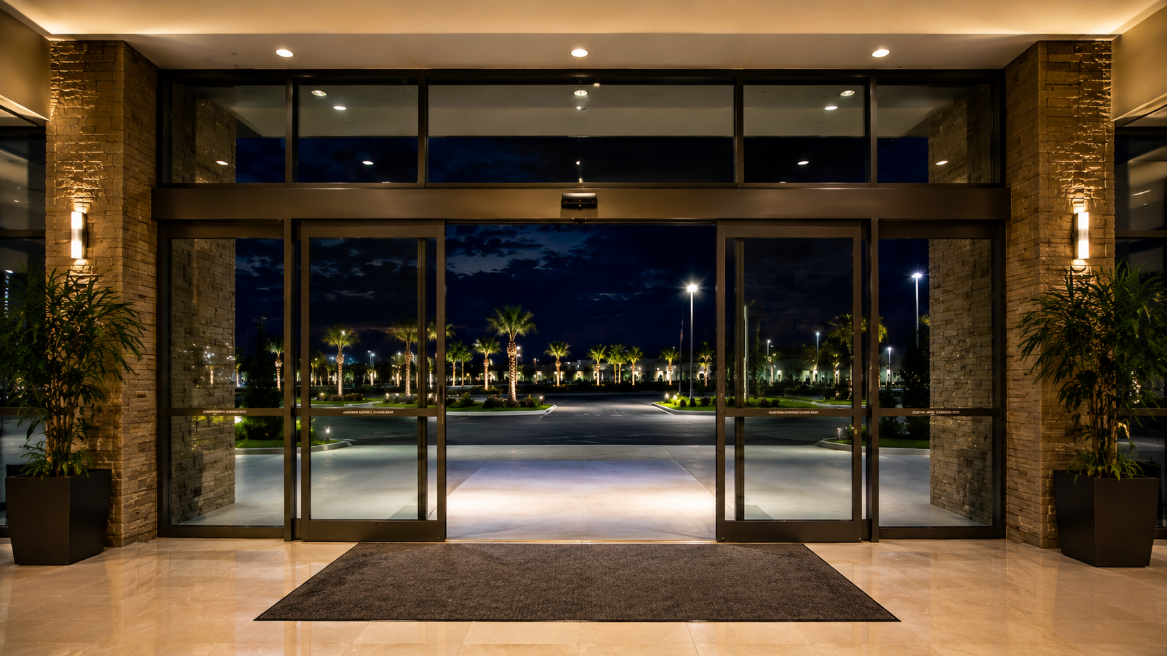 Night view through glass doors of a parking lot with palm trees, streetlights, and a dark sky