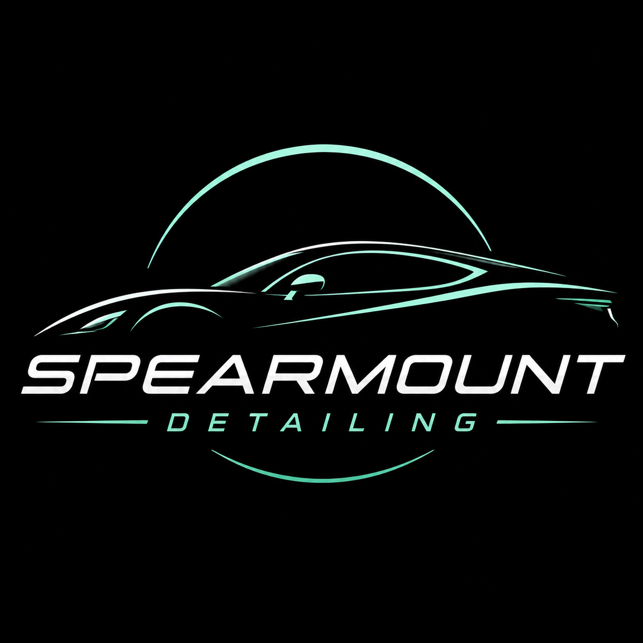Logo for Spearmount Detailing featuring a stylized outline of a car with a halo and the company name underneath.