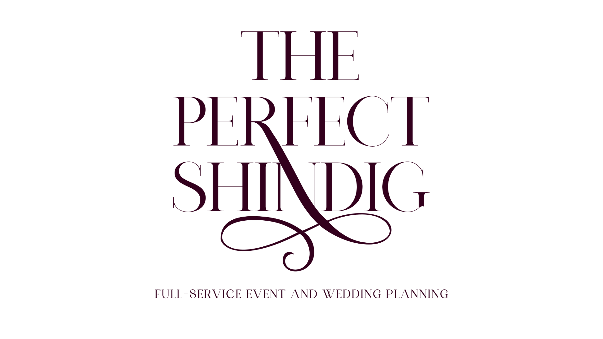 Text on black background promoting a wedding planning service, titled 'The Perfect Shindig', with the tagline 'Full-Service Event and Wedding Planning' in purple script.