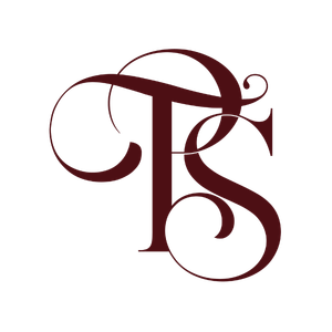 A stylized monogram with the letters T and S intertwined in red, ornate script.