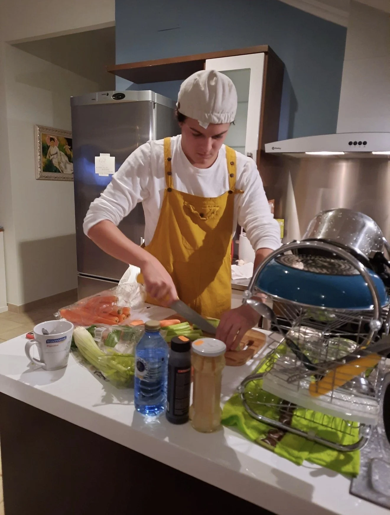 A person (Guillo) wearing a white cap and yellow apron chopping vegetables at a kitchen counter with various ingredients and kitchen appliances.