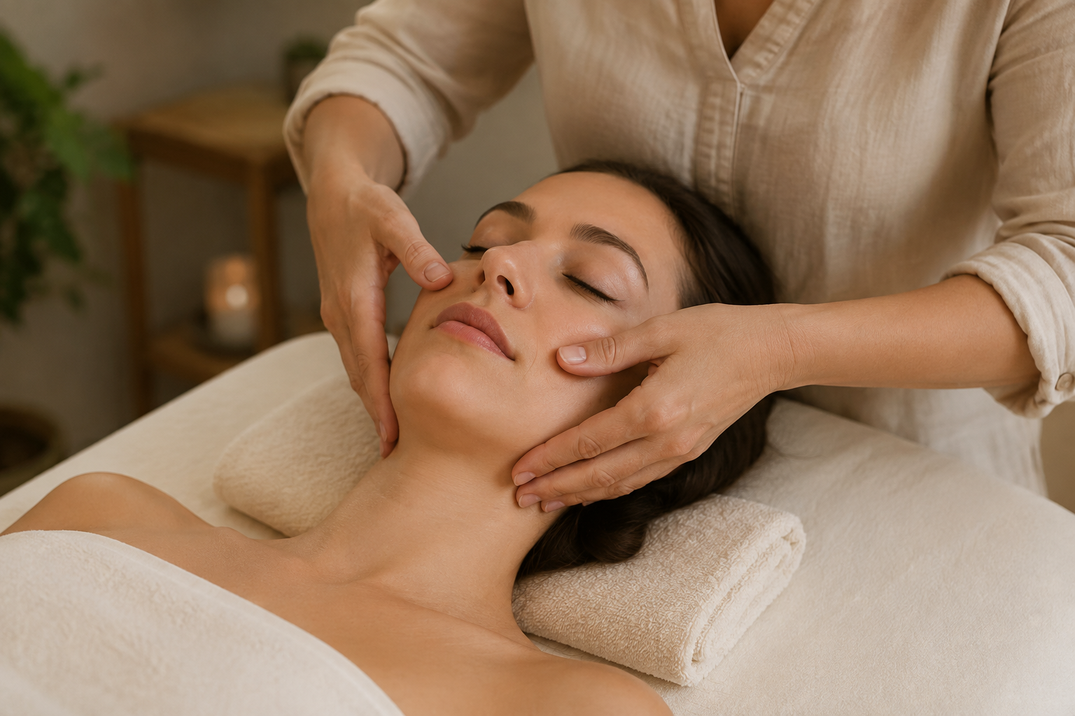 A woman receiving a facial massage in a spa setting.
