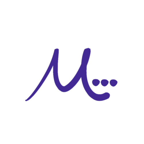 A stylized purple handwritten 'M...' with a black background.