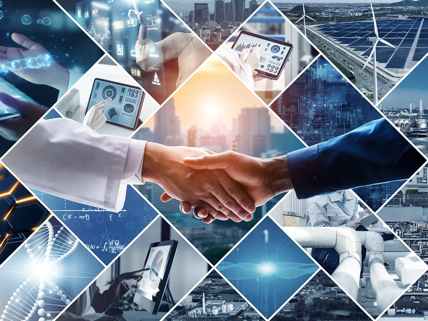 Collage of images showing renewable energy, technology, and scientific research, centered around a handshake between two people in business attire.