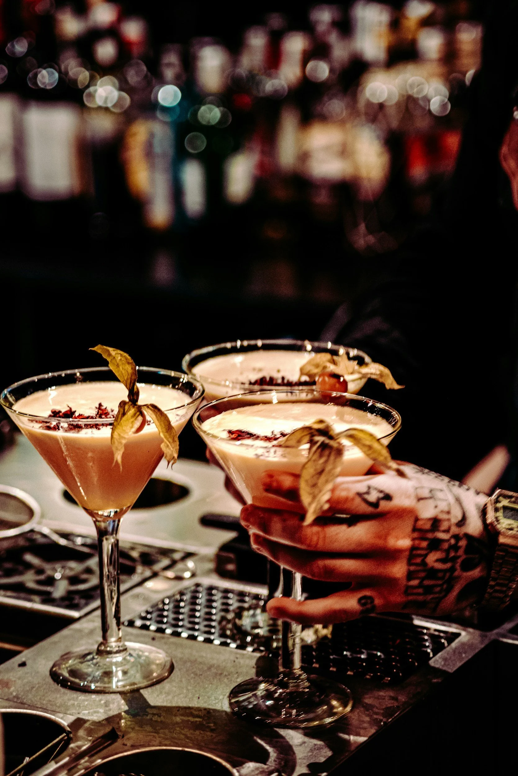 Three cocktails with dried fruit garnishes on a bar counter, with blurred bottles and bar equipment in the background.