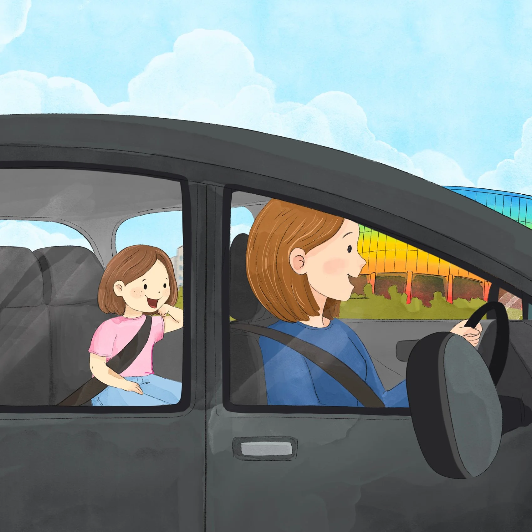 A woman driving a car with a young girl in the back seat. The woman has shoulder-length brown hair and is wearing a blue jacket, while the girl has long brown hair, freckles, and is wearing a pink shirt. There is a colorful building outside the car window, and the sky is partly cloudy.