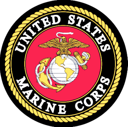 Military anchor and eagle emblem with a globe centered on the ocean, enclosed by a rope border. USMC, Marine Corps, Honor, Courage, Commitment