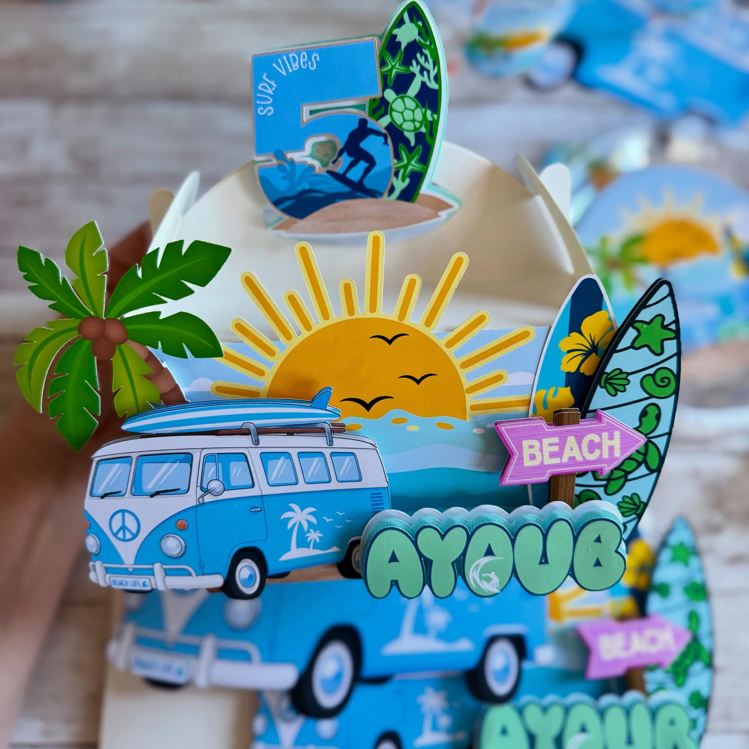 🌊🏄 Beach vibes are packed and ready to party! These personalized Surfing Beach Favor Boxes are the perfect way to make your celebration feel like a day by the ocean. Every box is handcrafted with vibrant details and customized just for your special