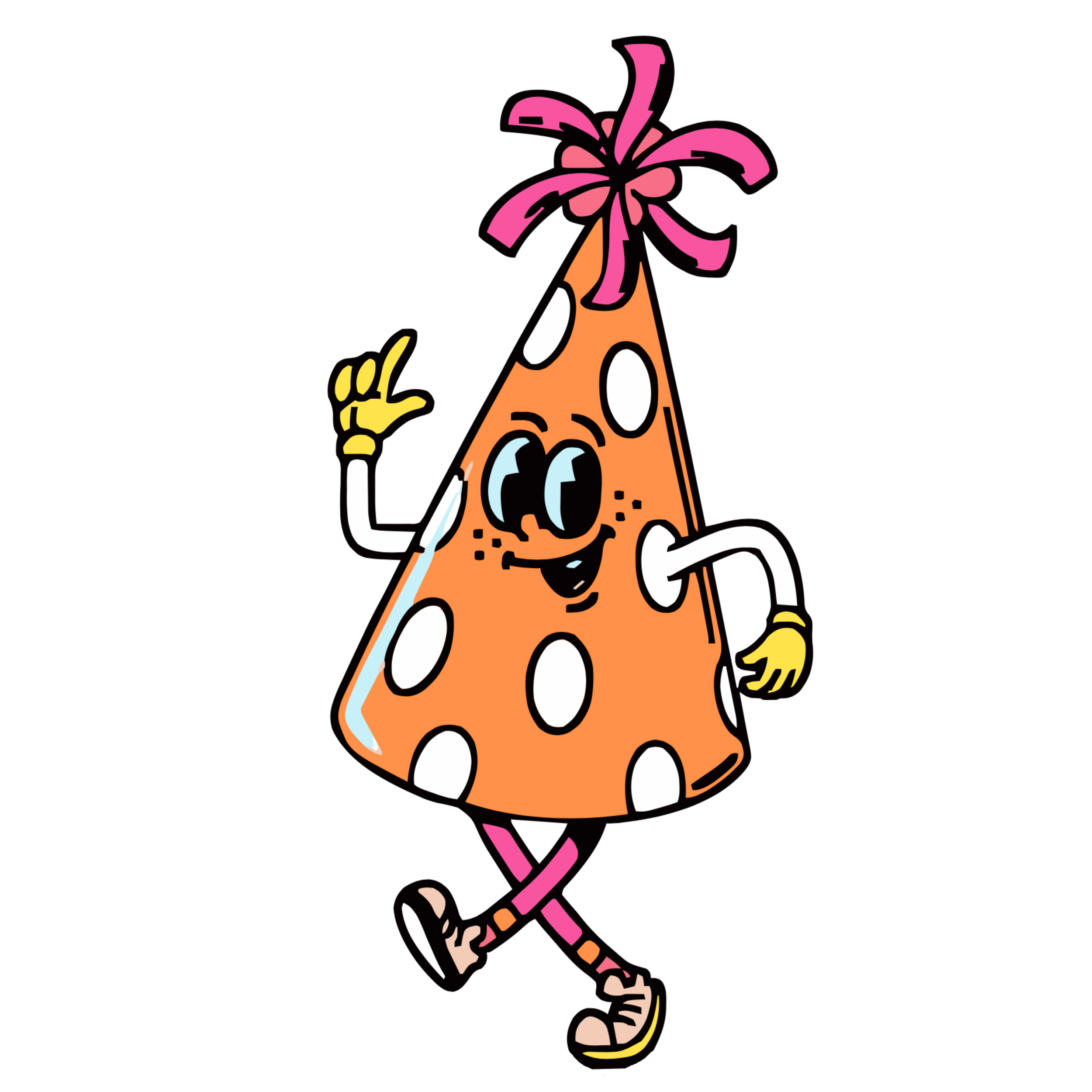 A cartoon character of a humanoid dinosaur with orange skin, pink hair styled in a messy bun, blue eyes, wearing a pink skirt, striped leggings, and yellow shoes, standing and smiling.