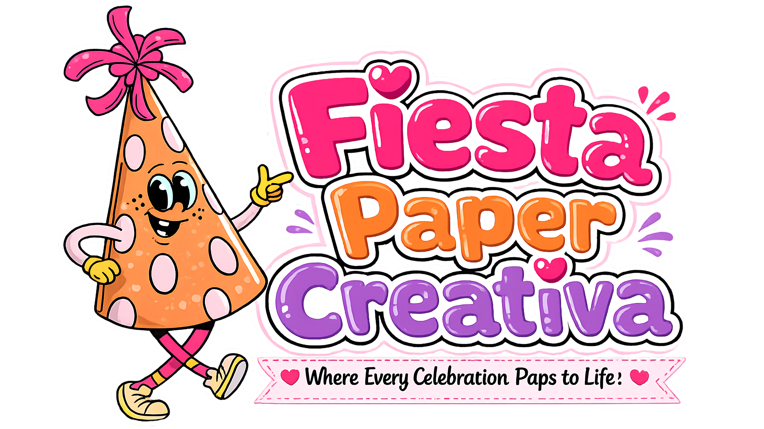 A colorful graphic featuring a cartoon character of a pink donut with sprinkles, wearing sneakers, smiling and pointing to a logo that reads 'Fiesta Paper Crafts' in vibrant pink, orange, and purple letters, with a subtitle 'Where Every Celebration Paps to Life!' and decorative hearts and splashes.