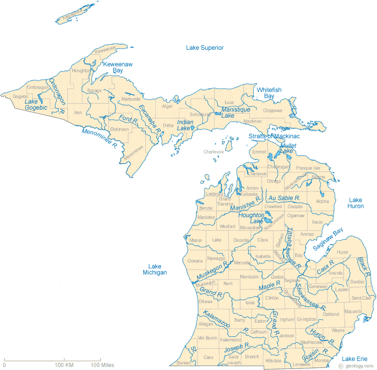 Map of Michigan showing Great Lakes and major rivers.