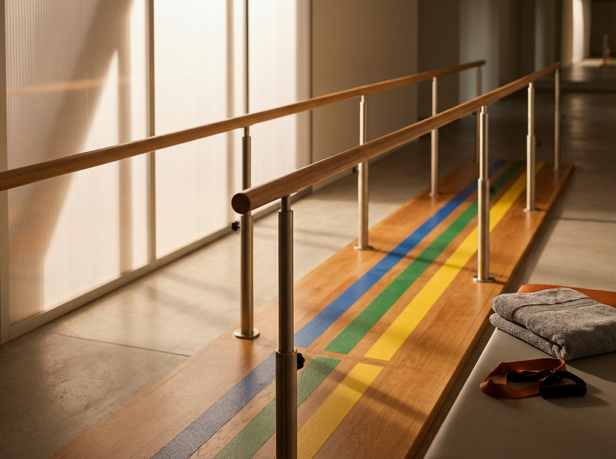 A wooden therapy or exercise ramp with metal handrails and colorful stripes on the floor.