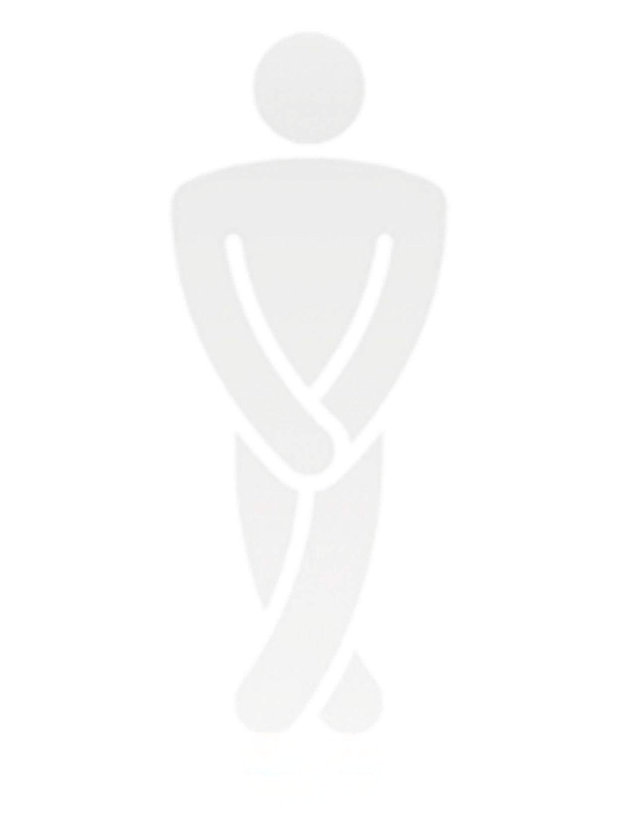 White ribbon shaped in the form of a person with a head, arms, and body, standing with hands clasped in front, needing to pee.