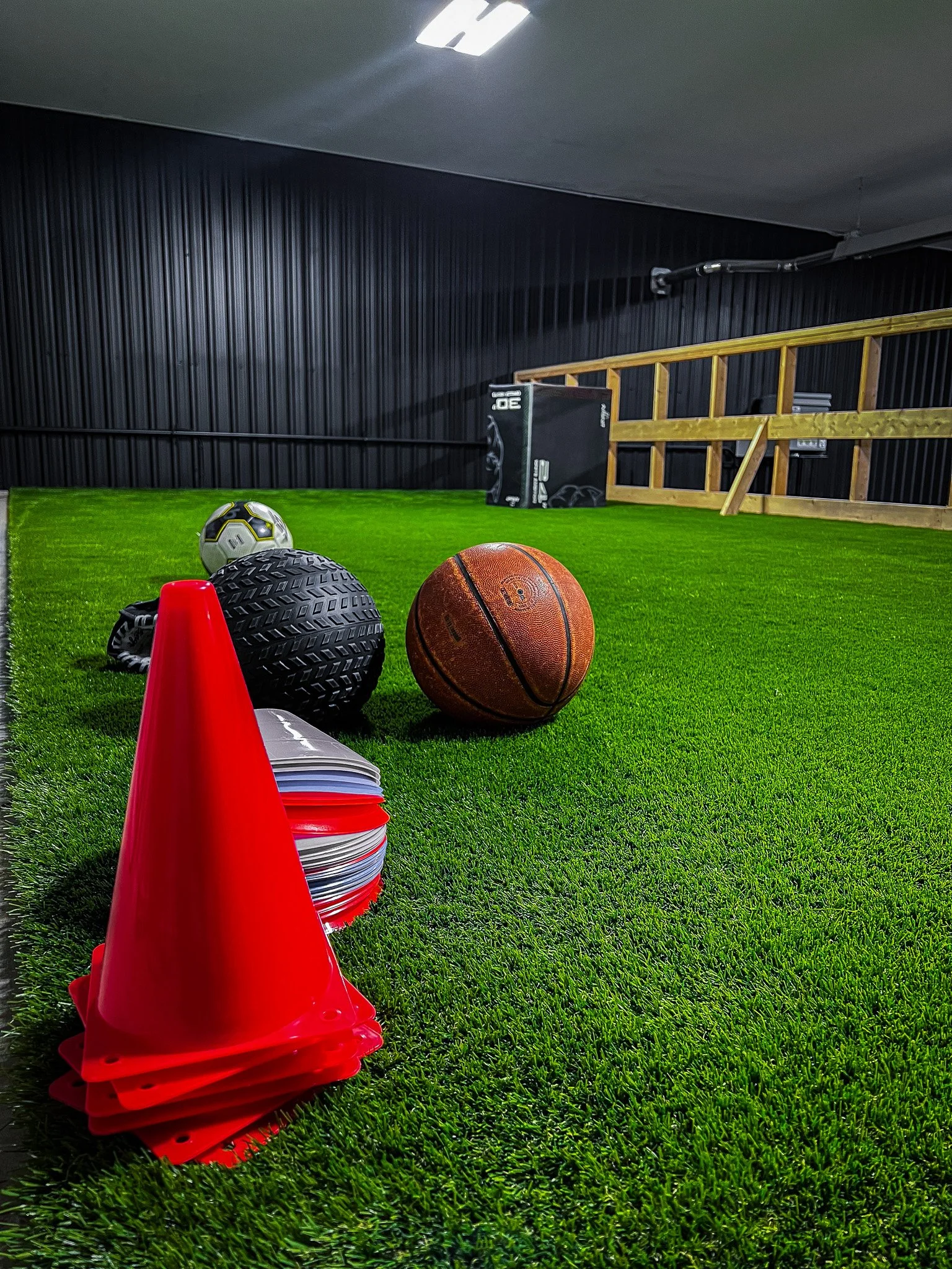 Indoor sports setup with a stack of red cones, a white soccer ball, a large black medicine ball, a basketball, and a practice net on artificial turf. Wooden stairs and a black wall are in the background, with overhead lighting.