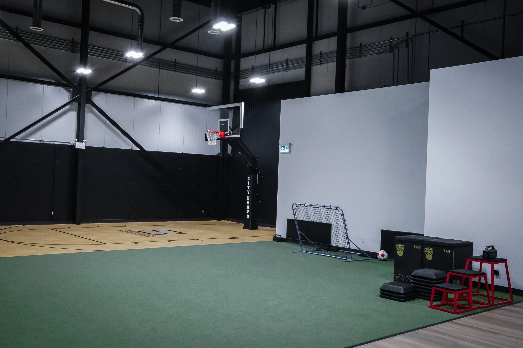 Indoor sports training facility with a basketball hoop, a small soccer goal, workout equipment, and turf floor area.