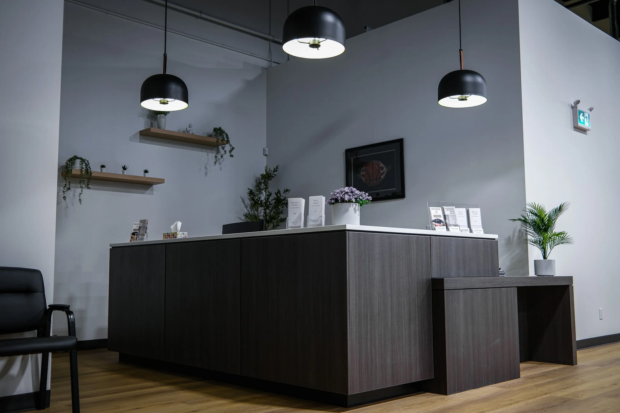 Modern reception desk with potted plants, framed artwork, brochures, and shelves with small plants, illuminated by three black hanging pendant lights in a contemporary office or lobby space with wood flooring and white walls.