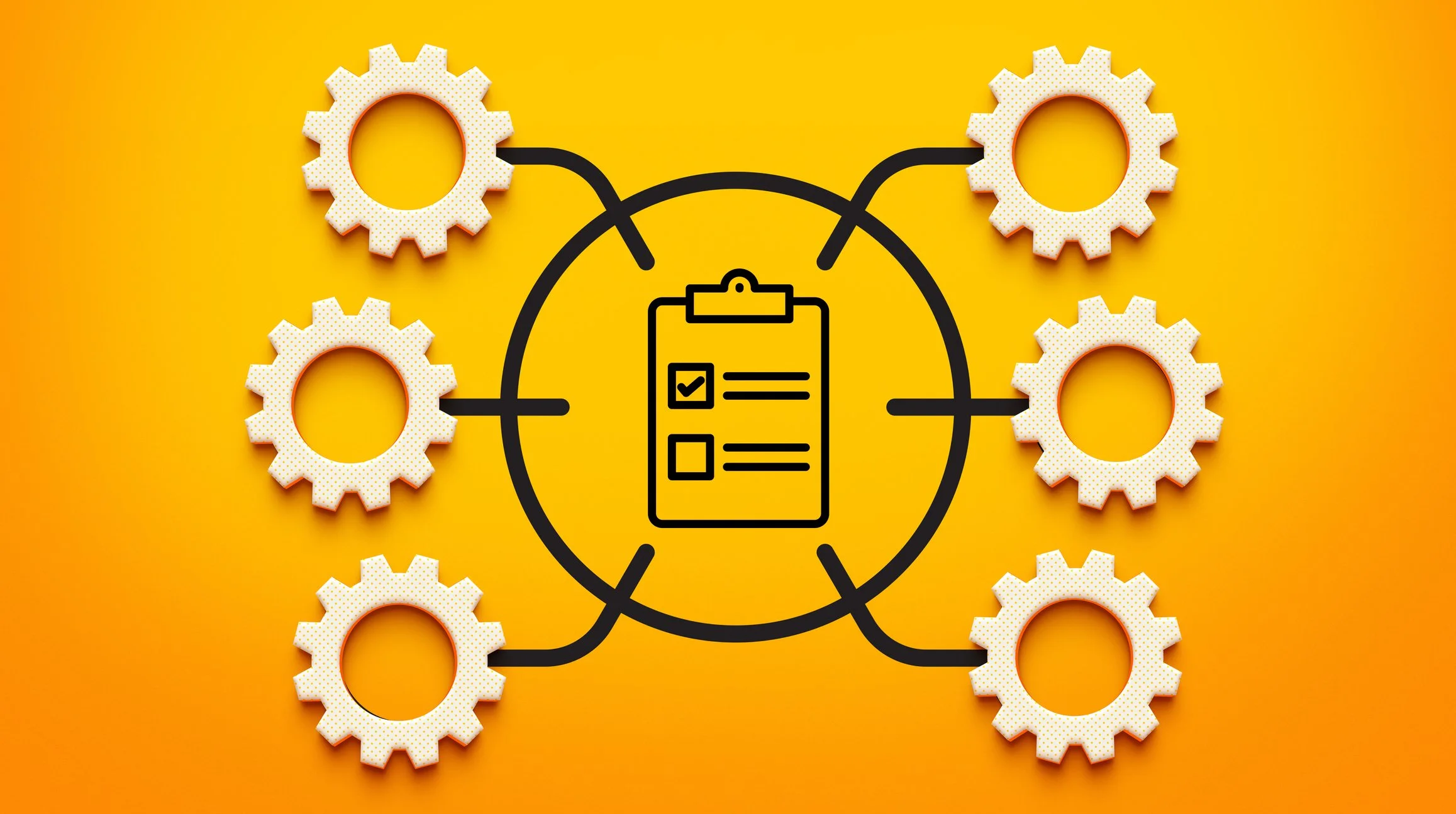 Connected gears surrounding a checklist, representing a comprehensive VSCO Workspace system health check.