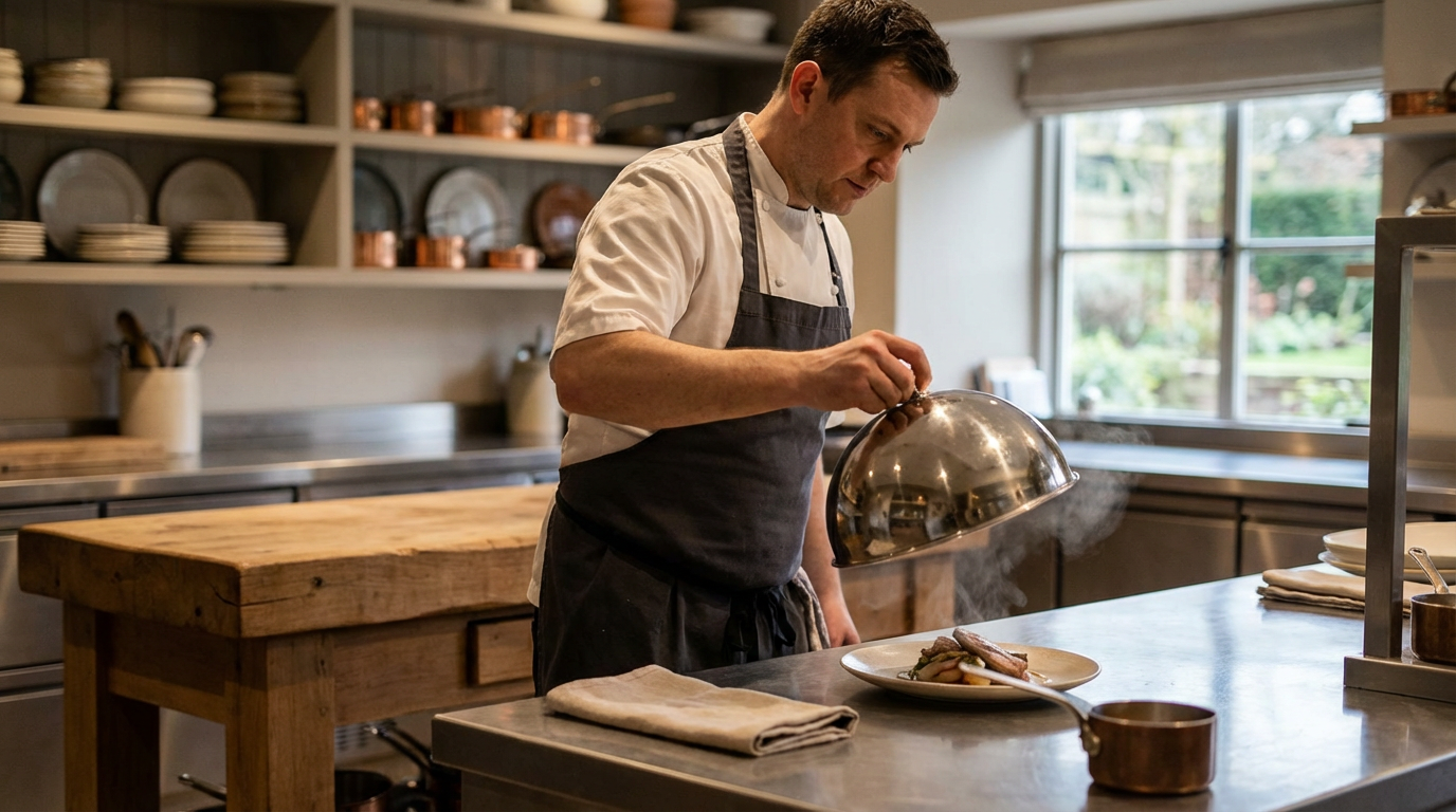 A male chef in a white shirt and black apron garnishes a plated dish in a professional kitchen with open shelves of dishes and copperware, large windows letting in natural light.