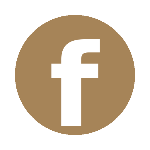 Facebook logo with a white lowercase 'f' on a gold circular background.