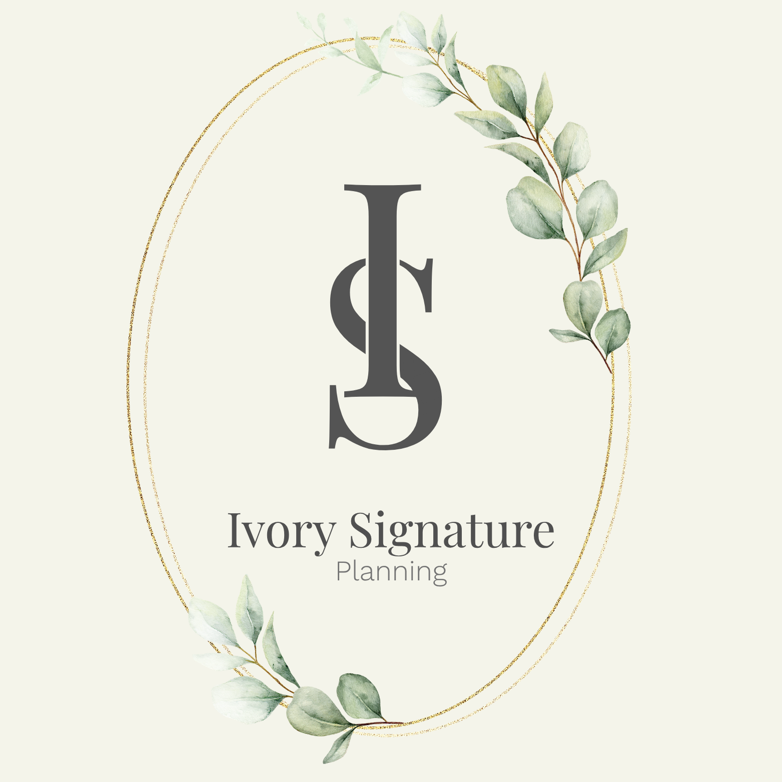 Design featuring a botanical wreath with watercolor green leaves, a gold circular border, and the text 'LS Ivory Signature Planning' in elegant font.
