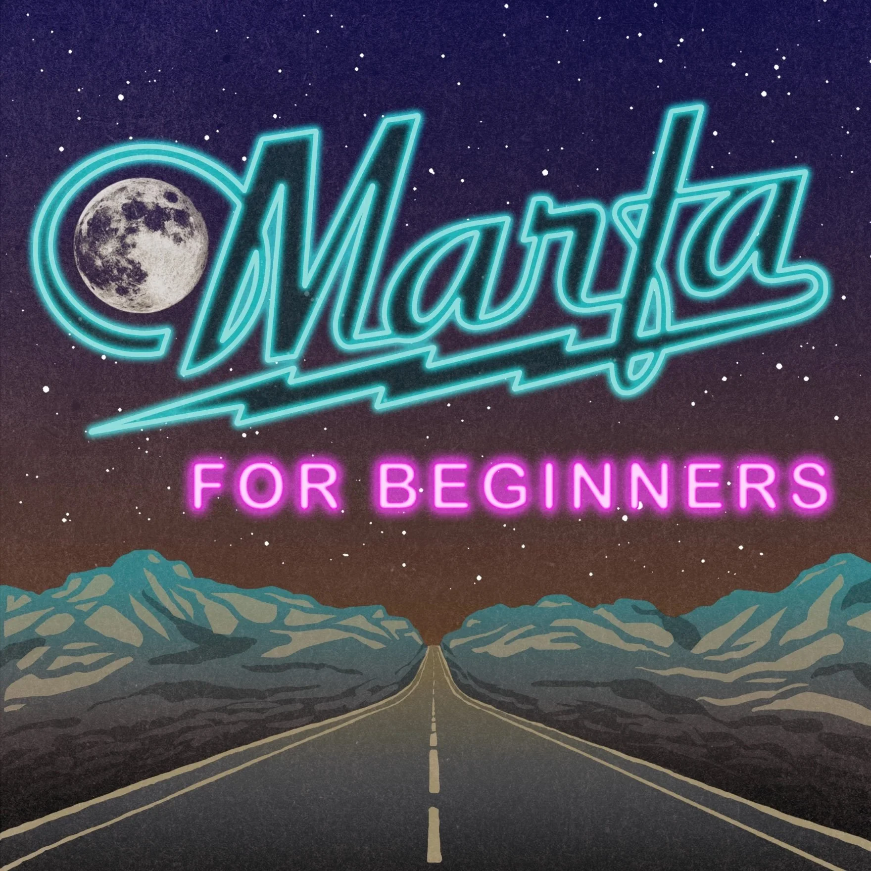 A nighttime scene with a long road leading towards mountains and a starry sky. A neon sign with a moon and the words 'Marfa for beginners' are illuminated above the mountains.