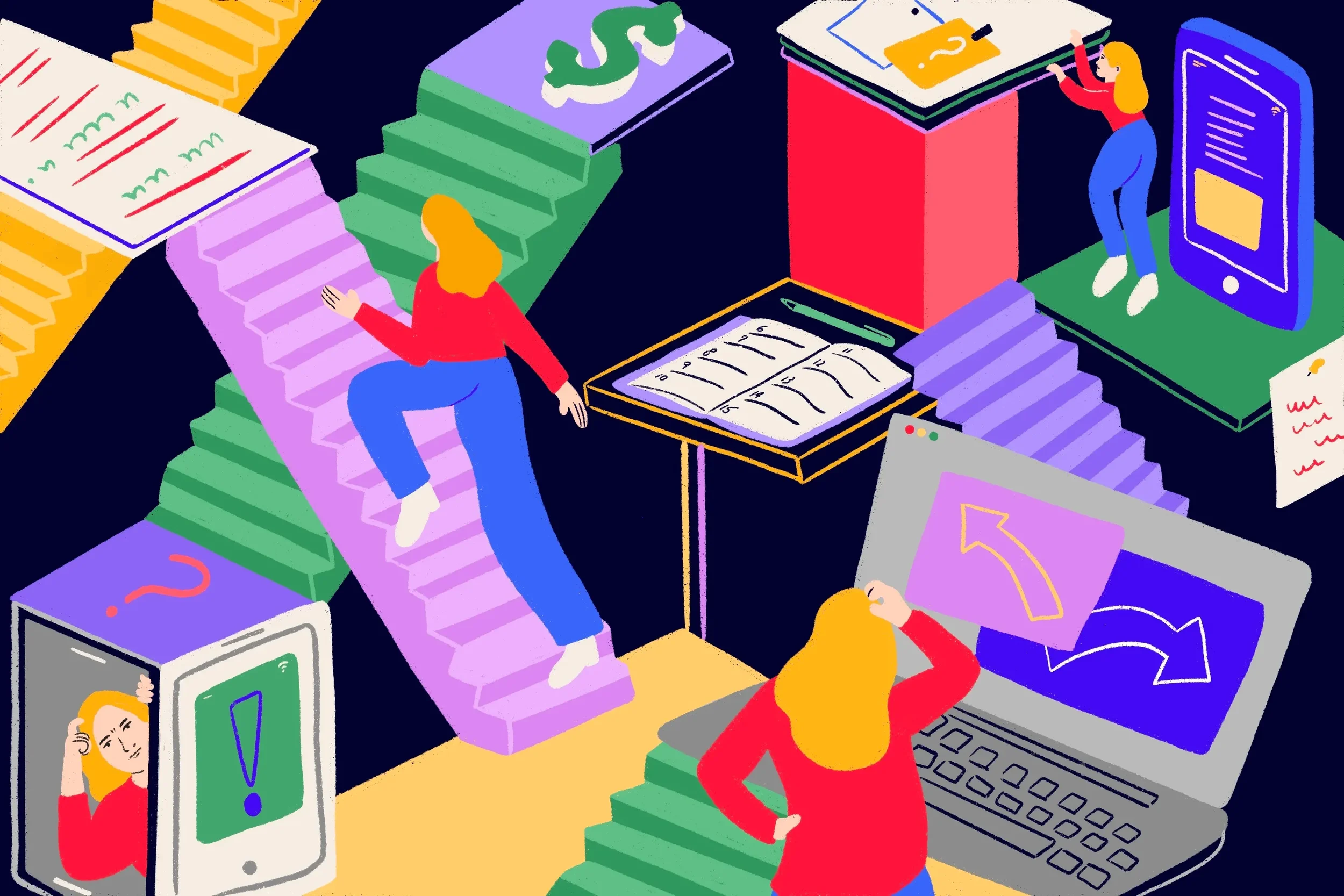 Illustration of people climbing stairs surrounded by digital devices and symbols, representing the experience of navigating Texas's unemployment benefits system.