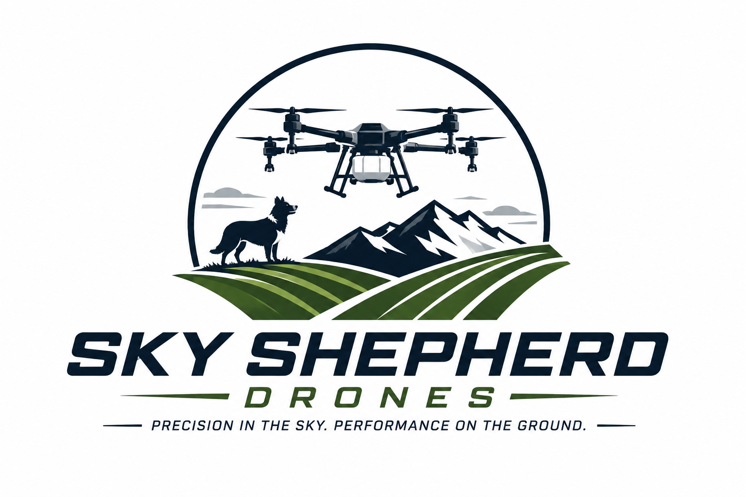 Logo for Sky Shepherd Drones featuring a black drone flying over green fields, mountains, and a sheep, with the slogan 'Precision in the sky. Performance on the ground.'